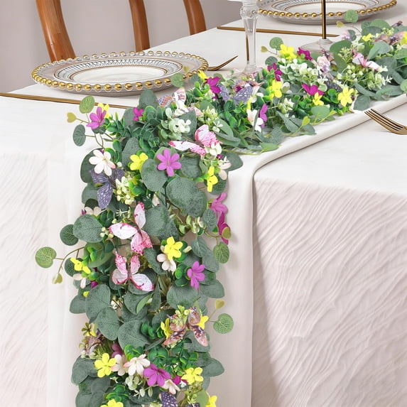 2PCS Artificial Daisy Garland with 3D Butterfly 5.68FT Fake Wildflower Garland Spring Summer Flowers Garlands Greenery Eucalyptus Floral Vines for Home Table Mantle Wedding Backdrop Decor