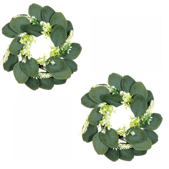 2PCS Artificial Eucalyptus Candle Ring Wreaths Faux Greenery Foliage Pillar Candle Holders Table Centerpieces for Dining Room and Home Decor
