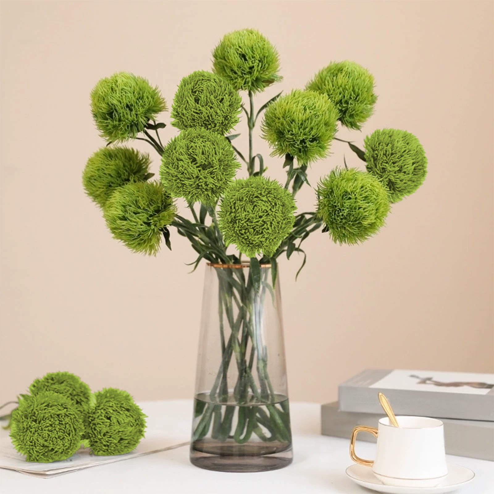 2PCS Artificial Green Dianthus Plants Set Realistic Fake Floral Arrangements for Home Hotel Landscaping Indoor Outdoor Decor Faux Greenery Hair Ball Clusters