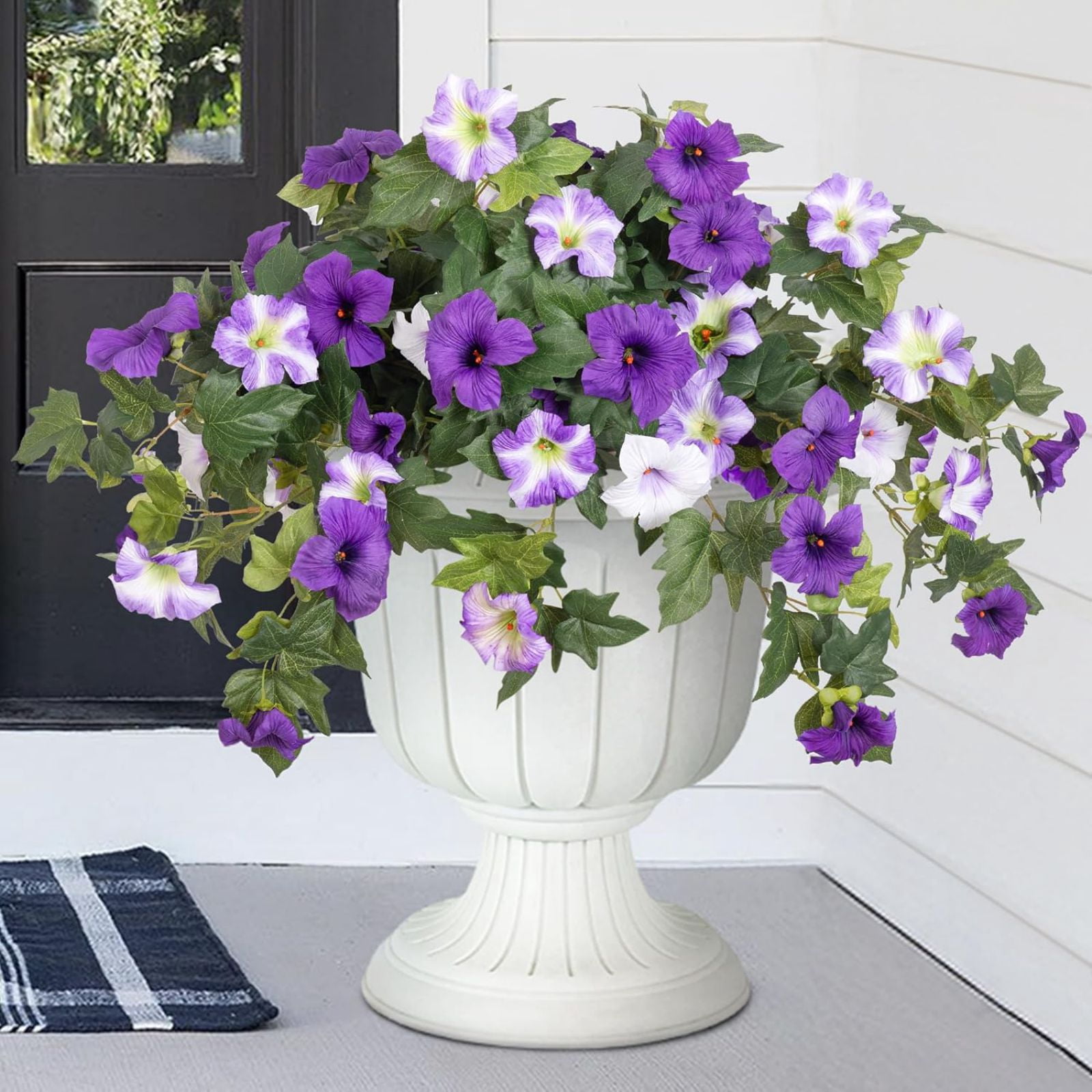 2PCS Artificial Hanging Fake Flowers Plants for Outdoor Spring Decoration, Faux Silk Flower UV Resistant Morning Glory for Home Porch Patio Garden Balcony Yard Look Real