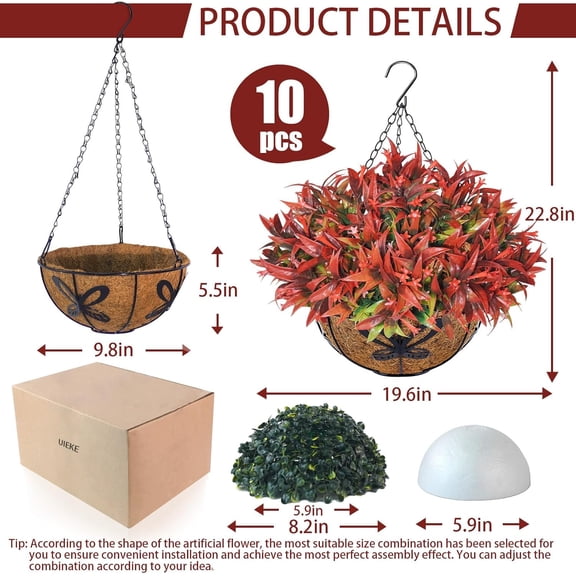 2PCS Artificial Hanging Flowers for Outdoors with Hanging Basket, 22.8" 10pcs  Resistant Fall Faux Flowers, Fake Hanging Plants for Autumn Garden Porch  Balcony Decoration