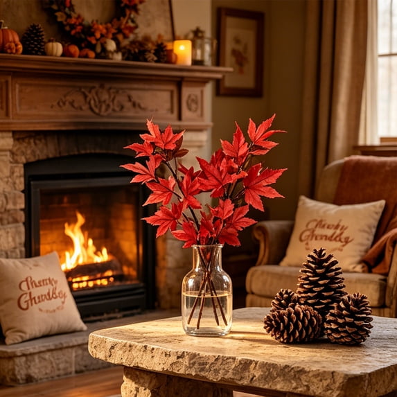 2PCS Artificial Maple Leaves Branches, Fall Orange Paper Leaves Stems, 14.96in, Faux Thanksgiving Fall Fake Autumn Leaves for Thanksgiving Table Centerpieces Decoration
