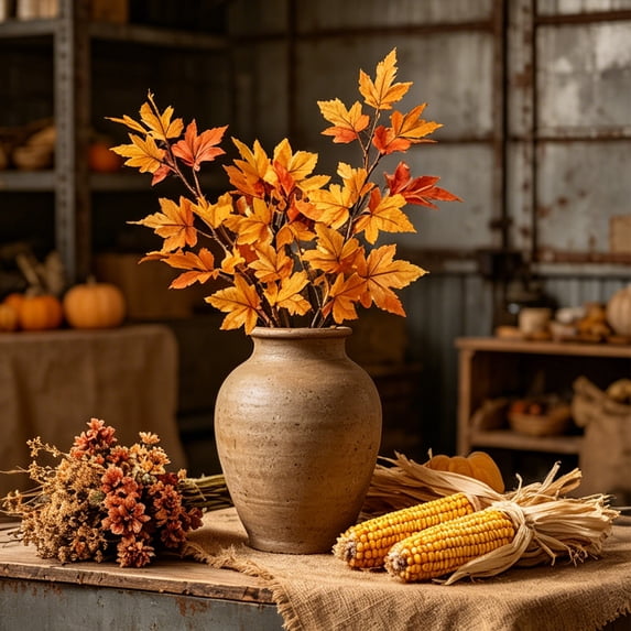 2PCS Artificial Maple Leaves Branches, Fall Orange Paper Leaves Stems, 14.96in, Faux Thanksgiving Fall Fake Autumn Leaves for Thanksgiving Table Centerpieces Decoration