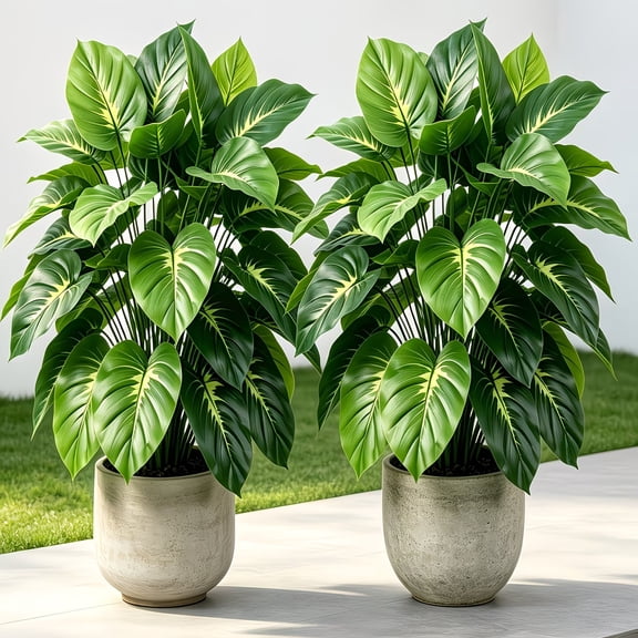 2 Large Realistic Artificial Green Plants Lifelike Tropical Style Lush Green Leaves Perfect for Indoor Outdoor Ground Decoration Home Garden Courtyard Durable Plastic Material No Maintenance Required