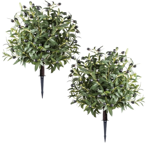 2PCS Artificial Topiary Ball Trees with Ground Stakes, UV Resistant Faux Olive Branches for Outdoors Garden Porch Yard Patio Decor (Green)