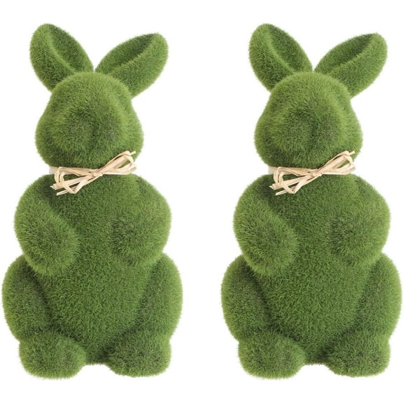 2PCS Artificial Turf Grass Bunny Easter Rabbit Figurine, Small Sitting Bunny, Flocking Simulated Rabbit Statue, Green Moss Covered Bunny for Home Party Decoration Easter Rabbit Figurines