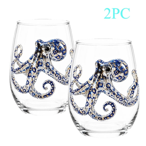 2PCS Artisanal Blue Ringed Glassware Drinking Glass, Handcrafted Octopus Pattern Cup, Unique Glass Mug for Home Bar Gift