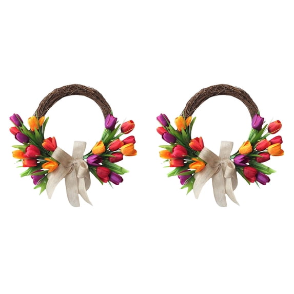 2PCS Assorted Artificial Tulip Wreath - 15.75 Inch Chic Rattan Tulip Half Circle Wreath, Spring Front Door Garland with Silk Flowers for Home & Wall Decoration