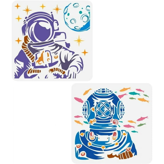 2PCS Astronaut Diver Painting Stencil 11.8x11.8 inch Reusable Diving Astronauts Stencil Astronauts Character Theme Template for Painting on Wood Wall Canvas Fabric and Furniture DIY