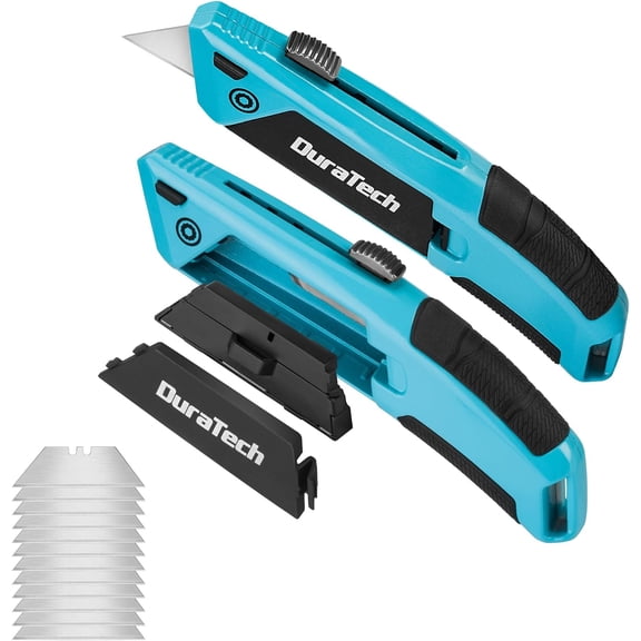 2PCS Auto-Loading Utility Knife Set, Heavy Duty Retractable Box Cutter with 6 Preloaded SK5 Blades, Quick-Change Razor Knife with Comfortable Handle for Cardboard, Carpet, Rope, DIY