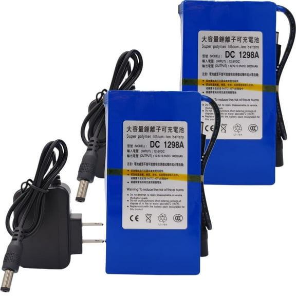 (2PCS BATTERY )12V DC 1298A 9800mAh Super Rechargeable Protable Li-ion Lithium Battery Pack DC1298A 2A for DVDs CCTV MP4 Players,Led Light Strip,Camera with Charger (Blue)