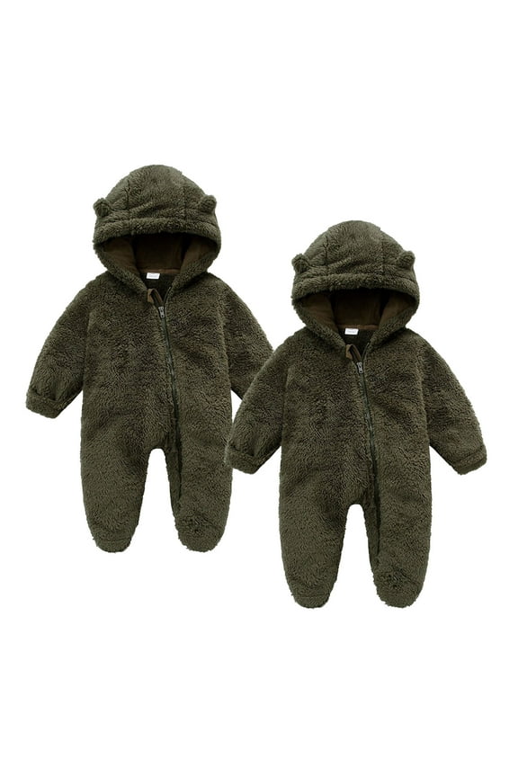 2PCS Baby Fleece Jumpsuit Infant Girls Zipper Footie Bear Ear Hooded Romper Long Sleeve Newborn Onsies Hunting Snowsuit, Army Green, 0 Months