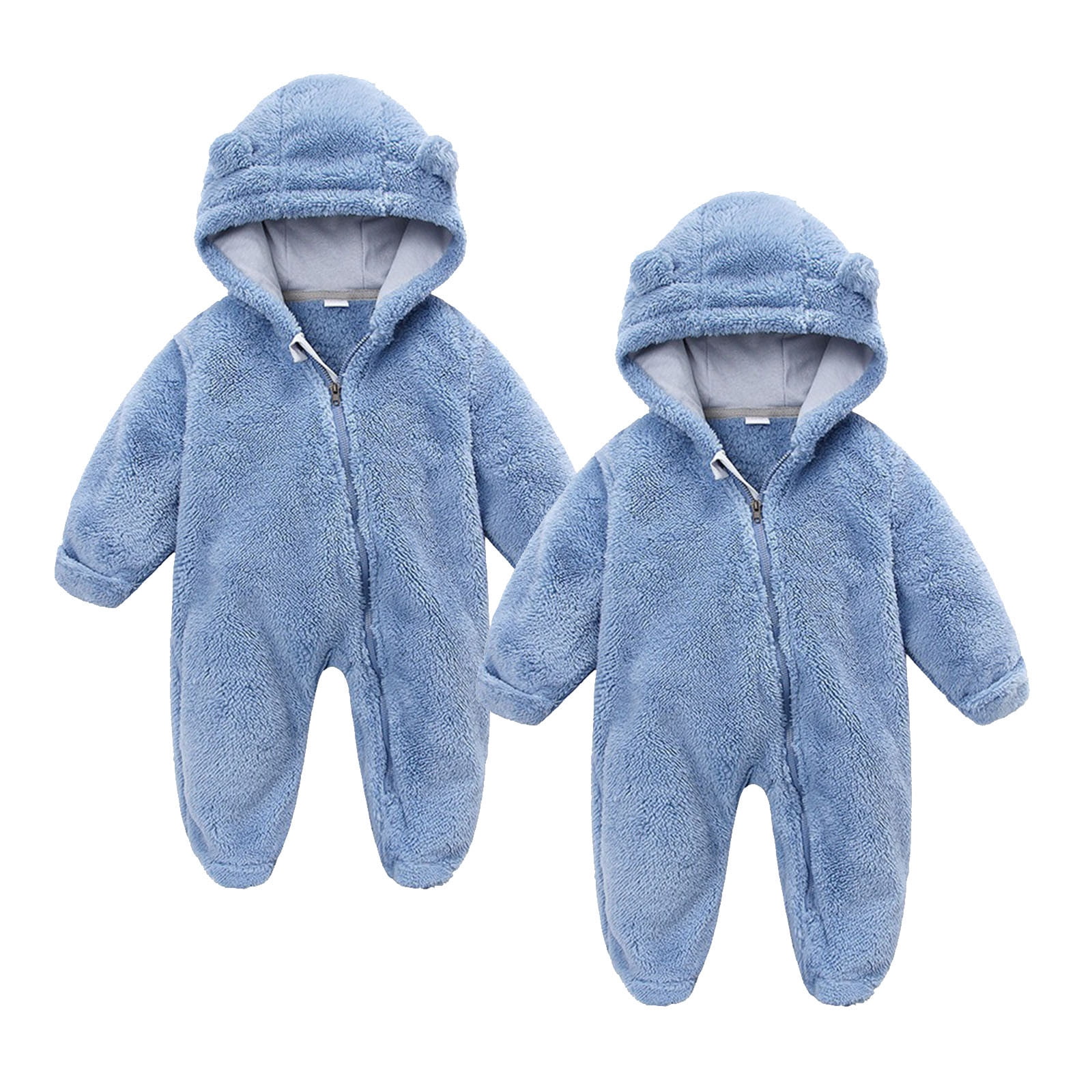 2PCS Baby Fleece Jumpsuit Infant Girls Zipper Footie Bear Ear Hooded Romper Long Sleeve Newborn Onsies Hunting Snowsuit, Blue, 3 Months