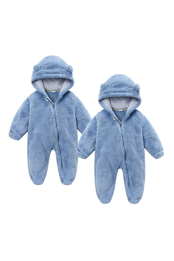 2PCS Baby Fleece Jumpsuit Infant Girls Zipper Footie Bear Ear Hooded Romper Long Sleeve Newborn Onsies Hunting Snowsuit, Blue, 6 Months