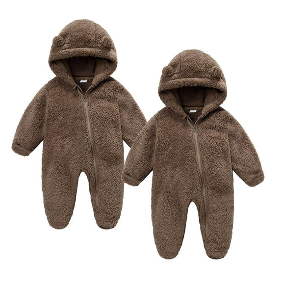 2PCS Baby Fleece Jumpsuit Infant Girls Zipper Footie Bear Ear Hooded Romper Long Sleeve Newborn Onsies Hunting Snowsuit, Coffee, 6 Months