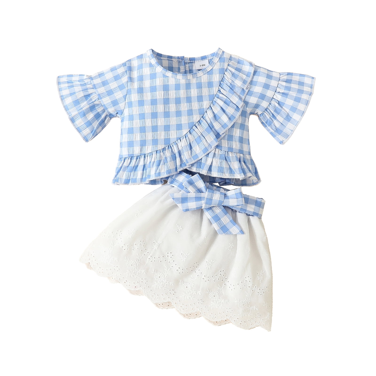 2PCS Baby Girls Summer Outfits, Short Sleeve Plaid Print Ruffle Tops ...