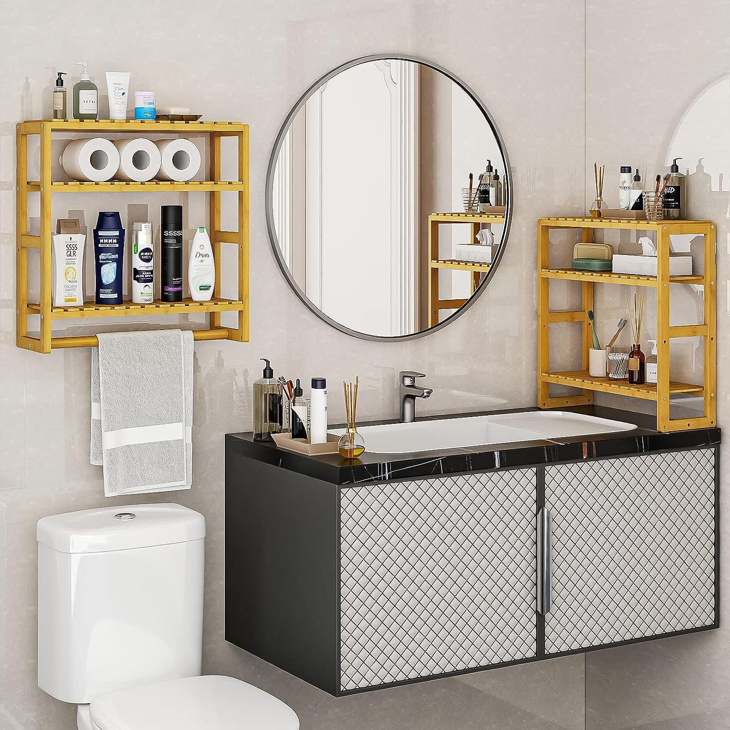 2PCS Bamboo Bathroom Shelves Organizer Shelves for Storage Adjustable 3