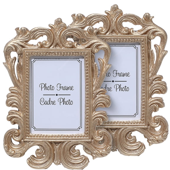 2PCS Baroque Gold Photo Frame with Back Stand Vintage Retro Irregular Rectangle Golden Card Holder Resin Plastic Picture Frames
