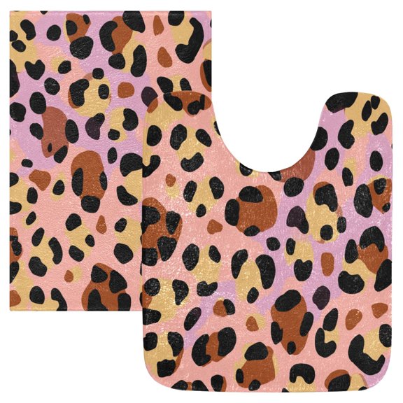 2PCS Bathroom Rug Set Non Slip Absorbent U-Shaped Toilet Mat & Rectangular Mat Abstract Leopard Print Pattern