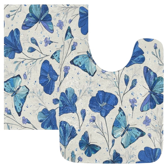 2PCS Bathroom Rug Set Non Slip Absorbent U-Shaped Toilet Mat & Rectangular Mat Blue Butterfly and Flower