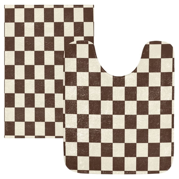 2PCS Bathroom Rug Set Non Slip Absorbent U-Shaped Toilet Mat & Rectangular Mat Brown and Cream Checkered