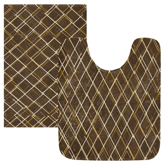 2PCS Bathroom Rug Set Non Slip Absorbent U-Shaped Toilet Mat & Rectangular Mat Brown and Gold Argyle Pattern