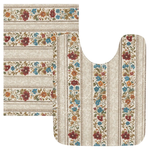 2PCS Bathroom Rug Set Non Slip Absorbent U-Shaped Toilet Mat & Rectangular Mat Colorful Stylized Flowers and Leaves
