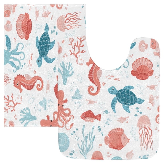 2PCS Bathroom Rug Set Non Slip Absorbent U-Shaped Toilet Mat & Rectangular Mat Coral Pink Sea Creature