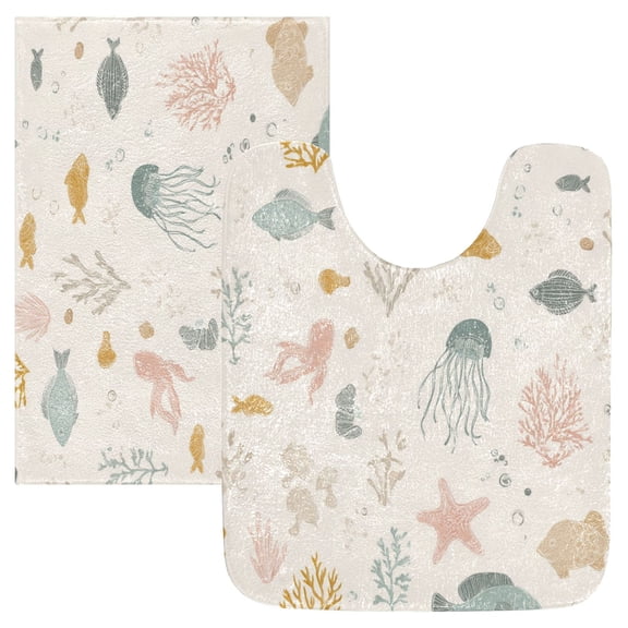 2PCS Bathroom Rug Set Non Slip Absorbent U-Shaped Toilet Mat & Rectangular Mat Coral and Jellyfish Pattern
