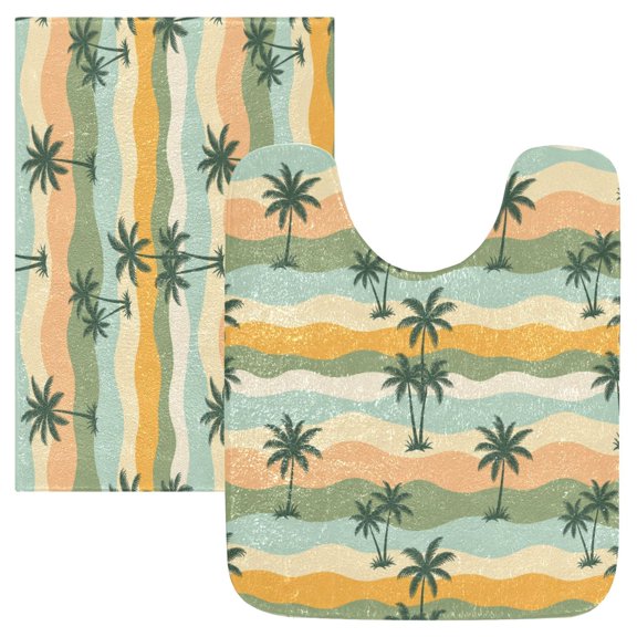 2PCS Bathroom Rug Set Non Slip Absorbent U-Shaped Toilet Mat & Rectangular Mat Dark Green Palm Tree Pattern