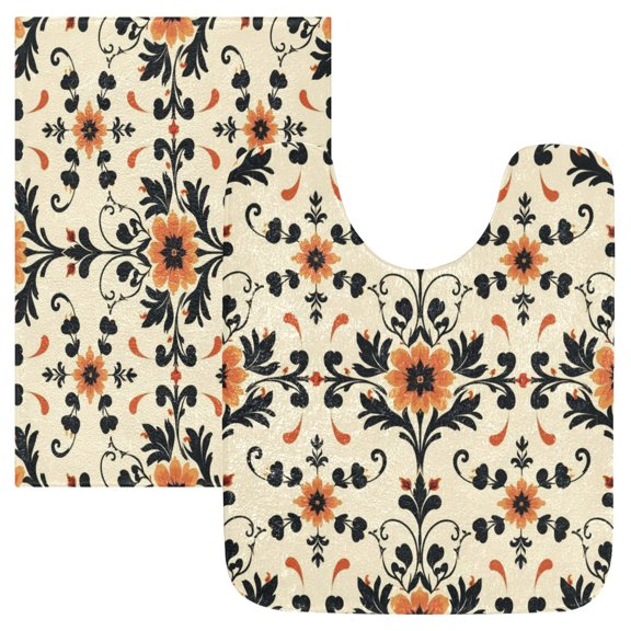 2PCS Bathroom Rug Set Non Slip Absorbent U-Shaped Toilet Mat & Rectangular Mat Floral and Curled Vine Motifs
