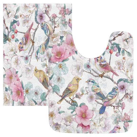 2PCS Bathroom Rug Set Non Slip Absorbent U-Shaped Toilet Mat & Rectangular Mat Flowers and Birds Pattern
