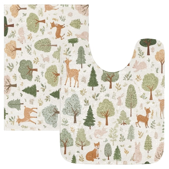 2PCS Bathroom Rug Set Non Slip Absorbent U-Shaped Toilet Mat & Rectangular Mat Forest Animals and Trees