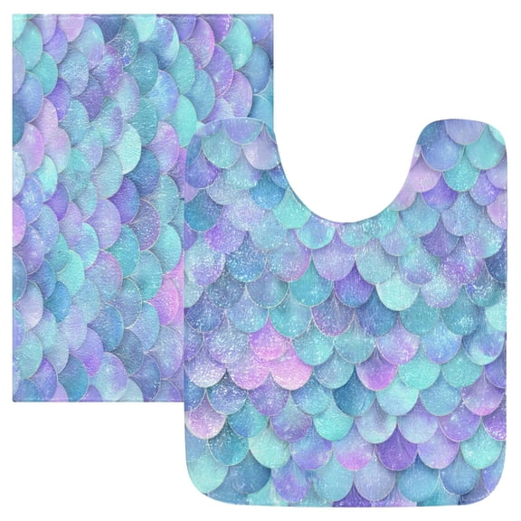 2PCS Bathroom Rug Set Non Slip Absorbent U-Shaped Toilet Mat & Rectangular Mat Glittering Mermaid Scales