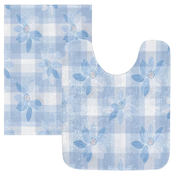 2PCS Bathroom Rug Set Non Slip Absorbent U-Shaped Toilet Mat & Rectangular Mat Lattice with Blue Flowers