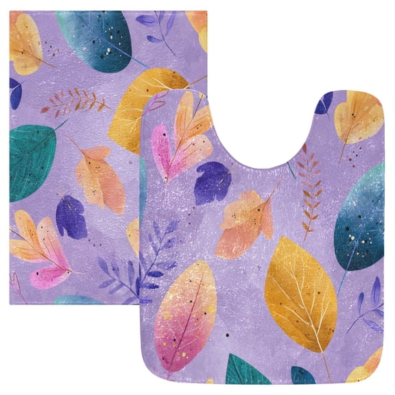 2PCS Bathroom Rug Set Non Slip Absorbent U-Shaped Toilet Mat & Rectangular Mat Leaves and Branches Pattern