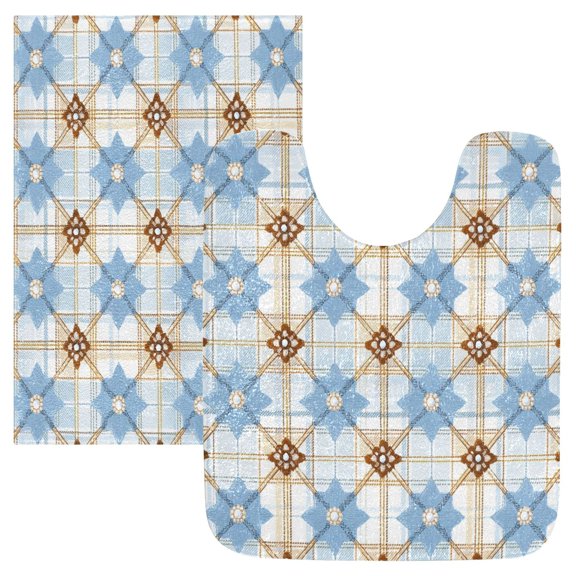 2PCS Bathroom Rug Set Non Slip Absorbent U-Shaped Toilet Mat & Rectangular Mat Lght Blue Stars Pattern