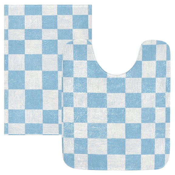 2PCS Bathroom Rug Set Non Slip Absorbent U-Shaped Toilet Mat & Rectangular Mat Light Blue and White Checkered