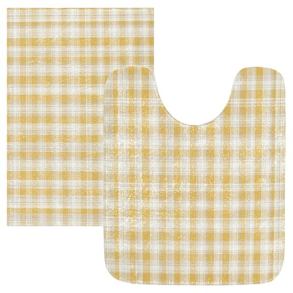 2PCS Bathroom Rug Set Non Slip Absorbent U-Shaped Toilet Mat & Rectangular Mat Light Yellow and White Gingham