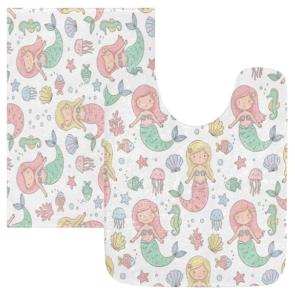 2PCS Bathroom Rug Set Non Slip Absorbent U-Shaped Toilet Mat & Rectangular Mat Marine Life and Mermaids