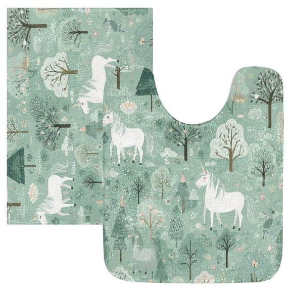 2PCS Bathroom Rug Set Non Slip Absorbent U-Shaped Toilet Mat & Rectangular Mat Mint Green Unicorns and Trees