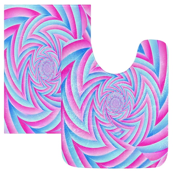 2PCS Bathroom Rug Set Non Slip Absorbent U-Shaped Toilet Mat & Rectangular Mat Neon Pink and Light Ice Blue Swirl