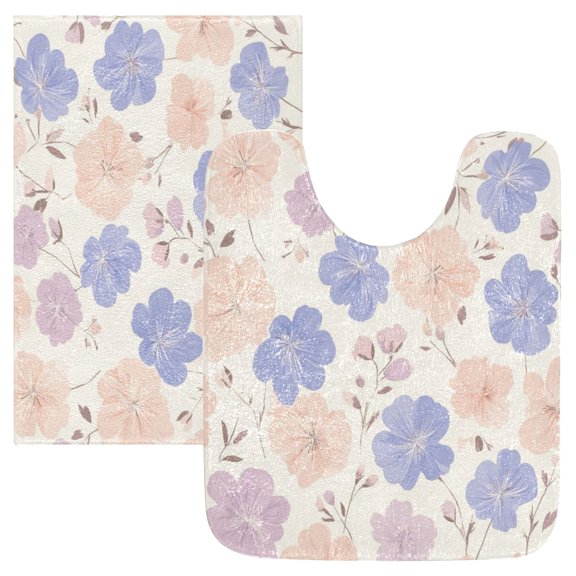 2PCS Bathroom Rug Set Non Slip Absorbent U-Shaped Toilet Mat & Rectangular Mat Pastel Blue and Pink Flowers