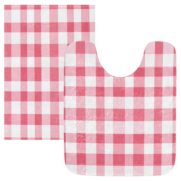 2PCS Bathroom Rug Set Non Slip Absorbent U-Shaped Toilet Mat & Rectangular Mat Pink Checkered Pattern