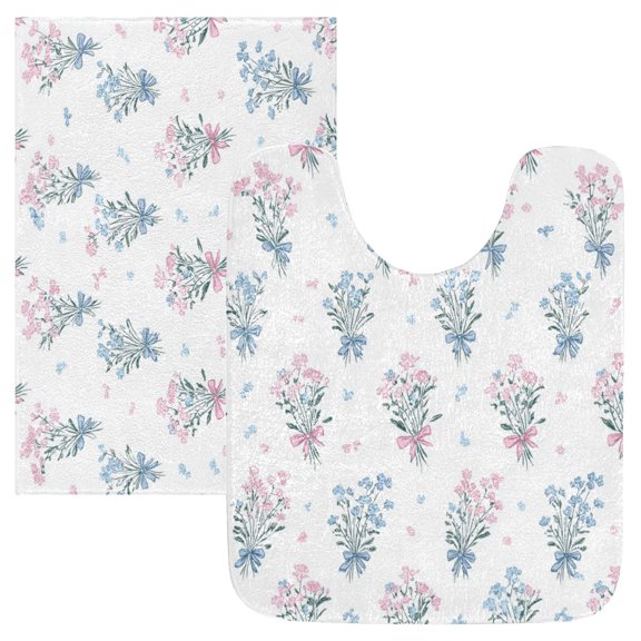 2PCS Bathroom Rug Set Non Slip Absorbent U-Shaped Toilet Mat & Rectangular Mat Pink and Blue Wildflower Bouquet