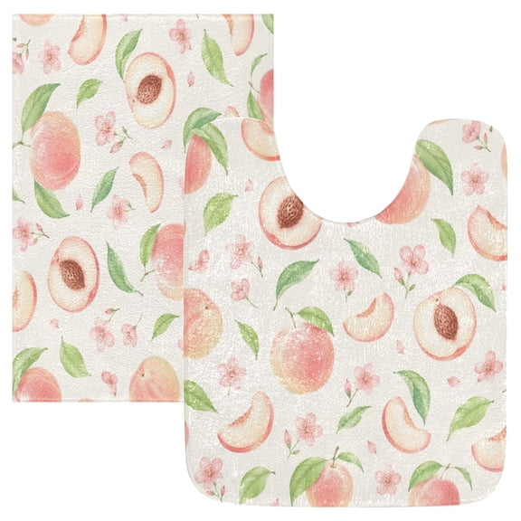 2PCS Bathroom Rug Set Non Slip Absorbent U-Shaped Toilet Mat & Rectangular Mat Pink and Orange Peach Pattern
