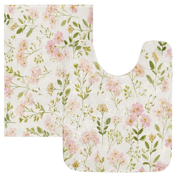 2PCS Bathroom Rug Set Non Slip Absorbent U-Shaped Toilet Mat & Rectangular Mat Pinks and Greens Wildflowers