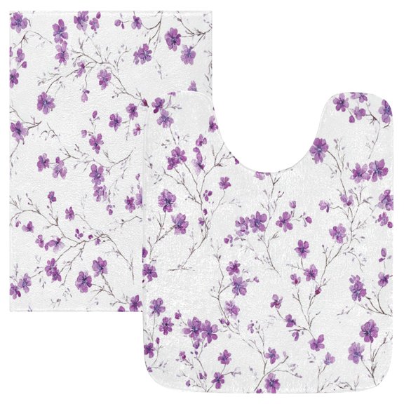 2PCS Bathroom Rug Set Non Slip Absorbent U-Shaped Toilet Mat & Rectangular Mat Purple Wildflower Pattern