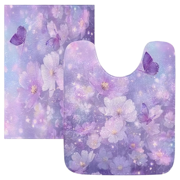 2PCS Bathroom Rug Set Non Slip Absorbent U-Shaped Toilet Mat & Rectangular Mat Purple and White Flowers