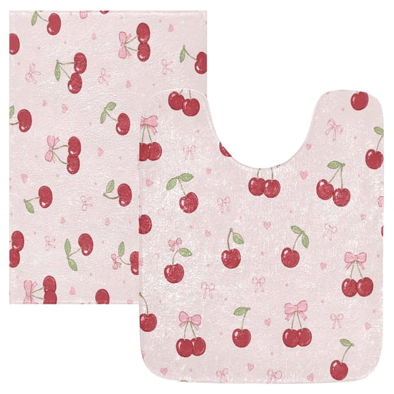 2PCS Bathroom Rug Set Non Slip Absorbent U-Shaped Toilet Mat & Rectangular Mat Red Cherry and Pink Ribbon Pattern